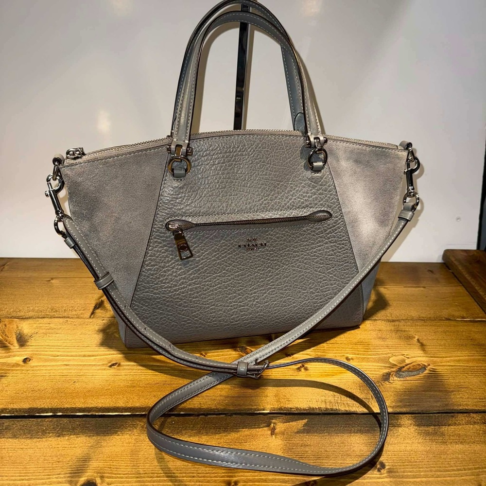 Coach F79999 Prairie Satchel Grey Pebbled Leather Suede Crossbody Tote